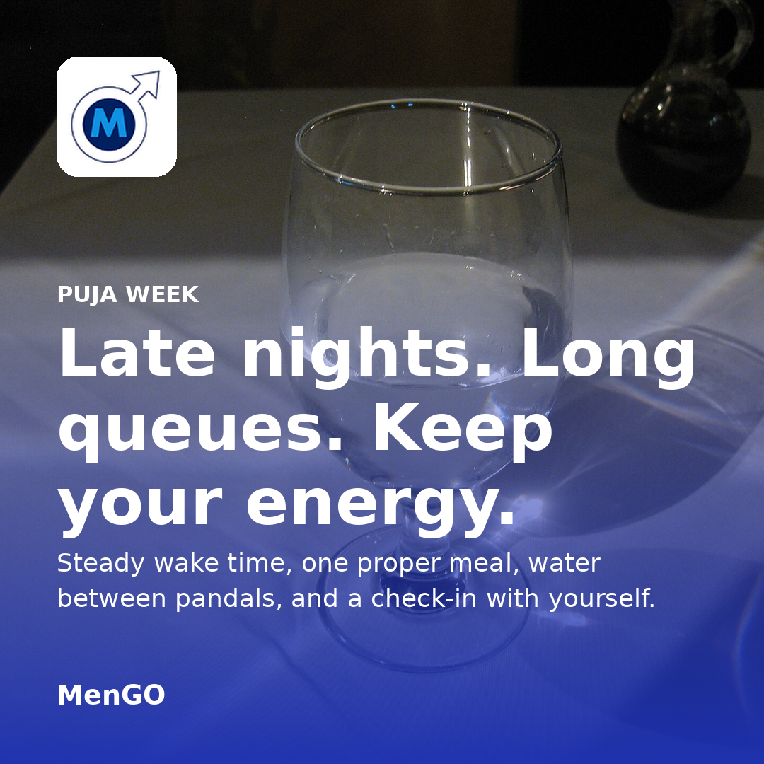 A glass of water in sunlight, with the title Late nights, long queues, keep your energy